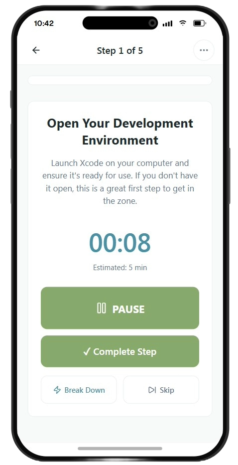 TaskBreaker task breakdown screen showing step-by-step guidance with timer